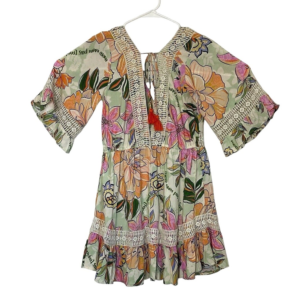 Z & L Dress Medium Floral Crochet Trim Back Tie with Tassels Bohemian Crochet - Picture 4 of 16